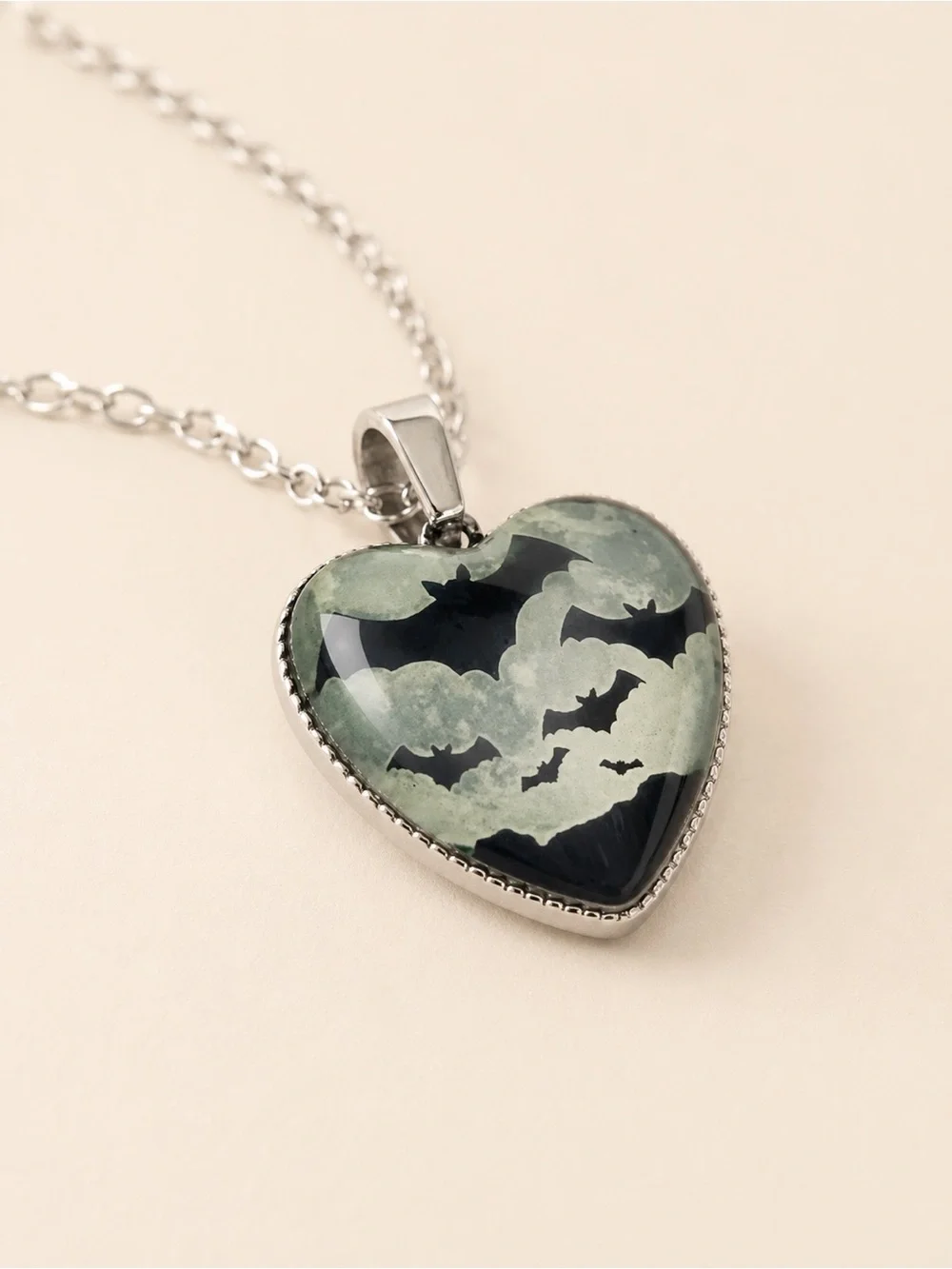 Dome Shape Heart Silver & Black Bat Necklace – Gothic Moon Glass Pendant